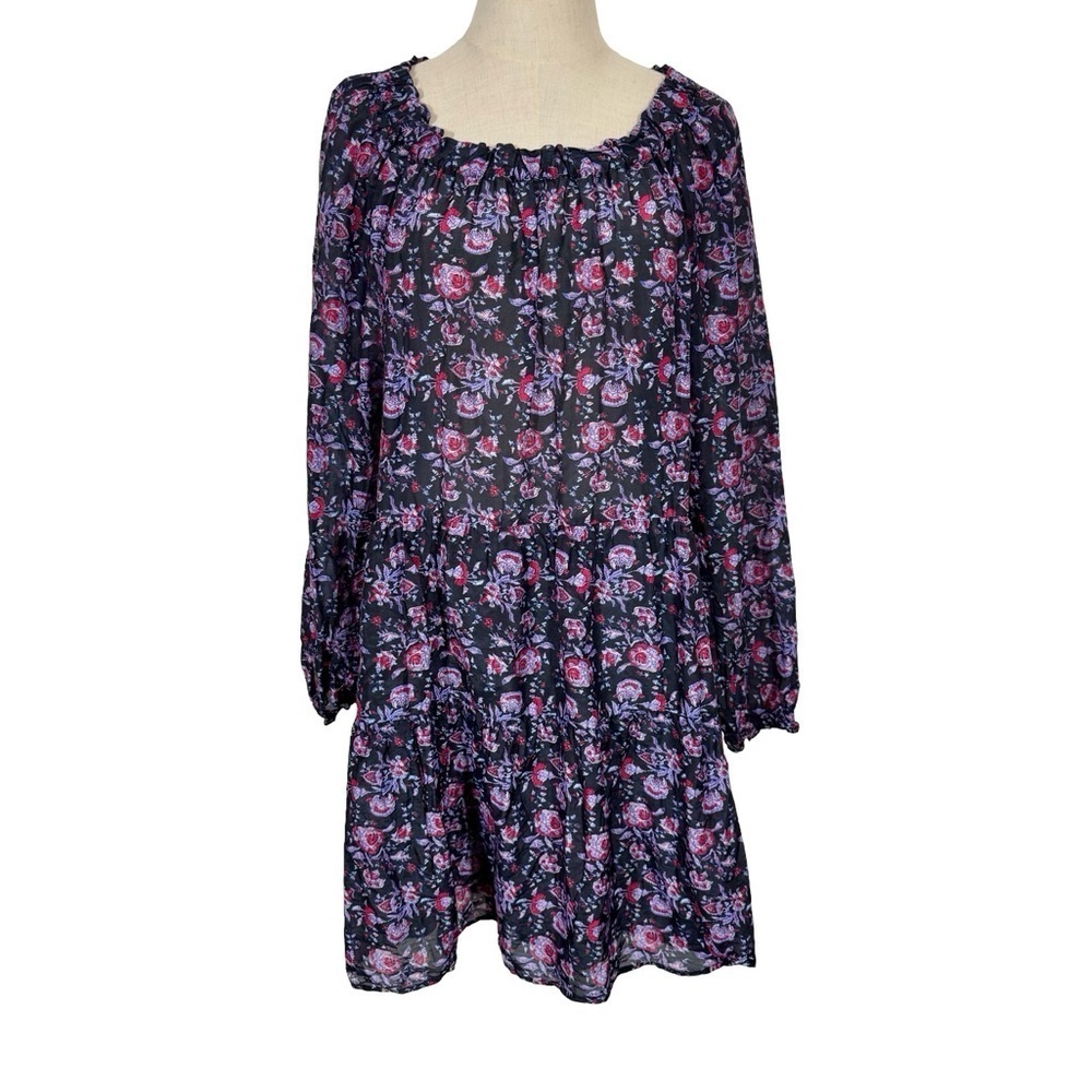 XIRENA Lea Shirred Off the Shoulder Tiered Silk Blend Dress Black Beauty Floral - Picture 6 of 16